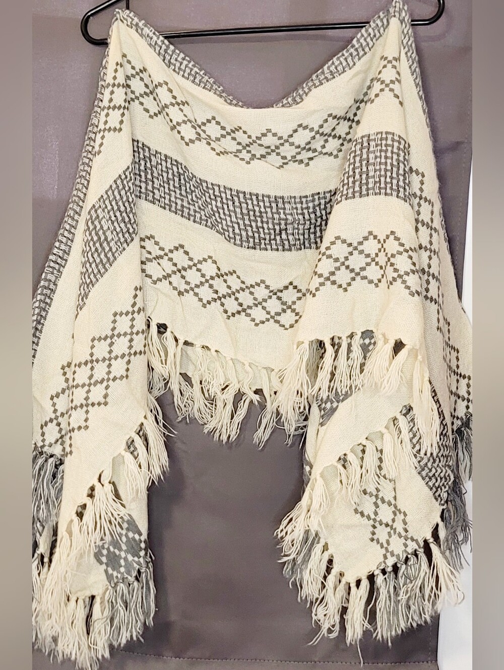 Free People Poncho Lightweight Cotton Knit Gray Fringe Boho Coastal Hi Low